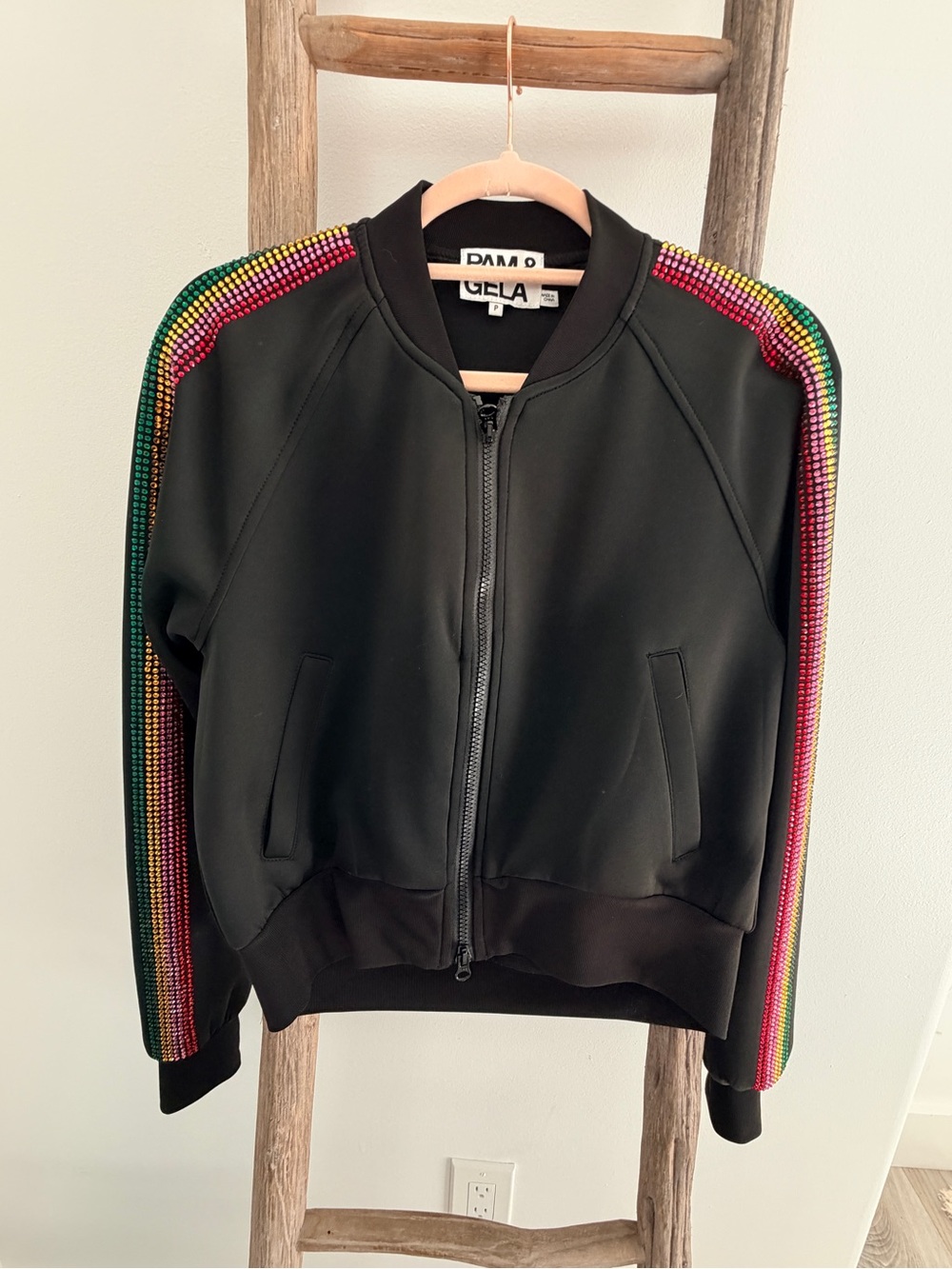 Pam & Gela Black Bomber Jacket with Multicolor Beaded Stripe 🌈